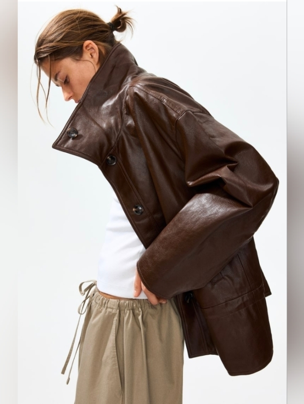 H&M Brown Faux Leather Button-Front Women's Jacket - Picture 5 of 14